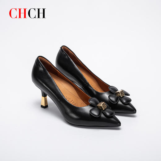 CHCH平衡鞋牛皮细高跟百搭花朵装饰高跟鞋CN1B5431 商品图1