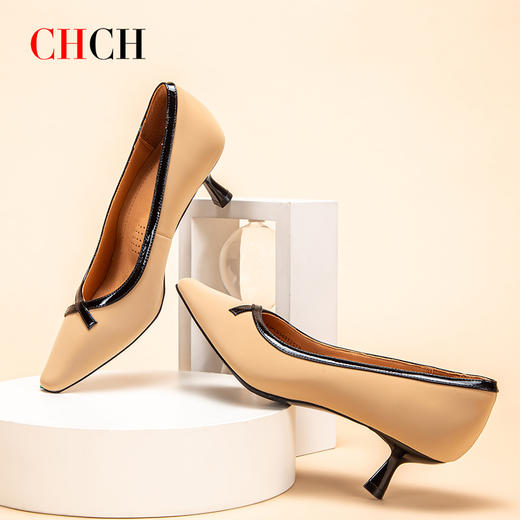 CHCH祈祈拼色设计感气质时尚反皮牛皮面料细跟尖头女士单鞋CM1B5691 商品图3