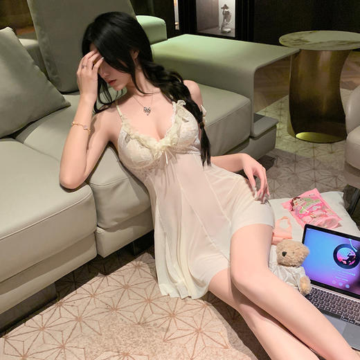 霏慕奶芙钓系深V透视睡裙6213  古风集胸汉服情趣内衣国风制服性感诱惑女士套装外出穿套装激情睡衣古风透视网纱火辣床上 奶芙钓系深V透视连衣裙 商品图9