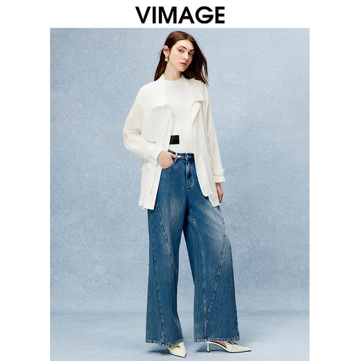 VIMAGE纬漫纪舒适纯棉薄款收腰显瘦翻领白色风衣外套秋季新款V2204801 商品图1