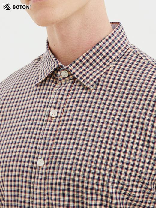 波顿长袖衬衫男潮流杏蓝格子衫春夏季纯棉男士休闲上衣情侣装MS655122 商品图2