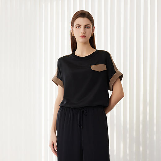 【拼接撞色真丝T恤】24年春夏新品女士圆领套衫时尚拼接撞色真丝上衣 商品图0