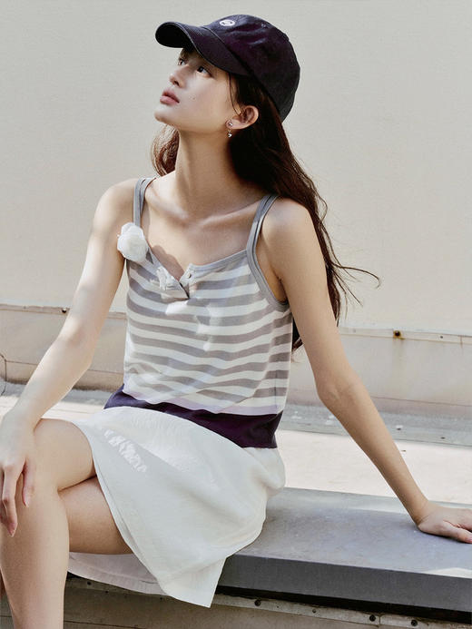 【现货】Even Vintage| 夏日活力 休闲简约条纹拼色慵懒感一字领吊带背心 商品图3