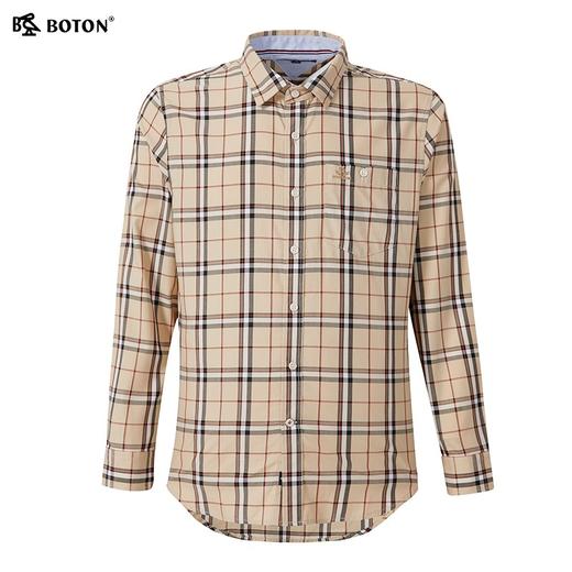 波顿格子衬衫男士高级感春季杏蓝色格纹长袖休闲高端抗菌薄荷衬衣MS657122 商品图5