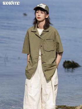 早乙女惠子saotome/STMCS242069/水洗毛边刺绣不对称切割短袖衬衫