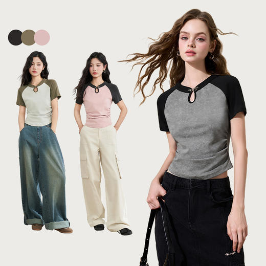 西遇新中式立领插肩袖短袖女新款褶皱抽绳显瘦短款T恤10540180/V0050548 商品图0