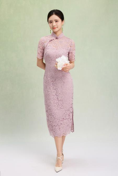 荷言GL 梦流莺 蕾丝手工花扣钉珠假两件旗袍 商品图3