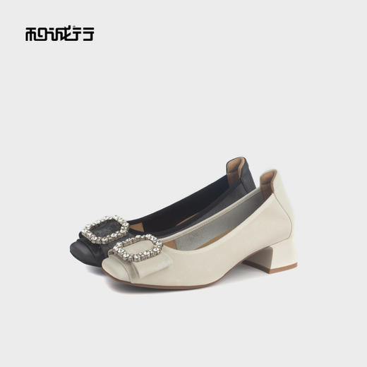 和诚行 2024秋冬新款真皮水钻粗跟方头女时尚休闲浅口单鞋2020009 商品图3