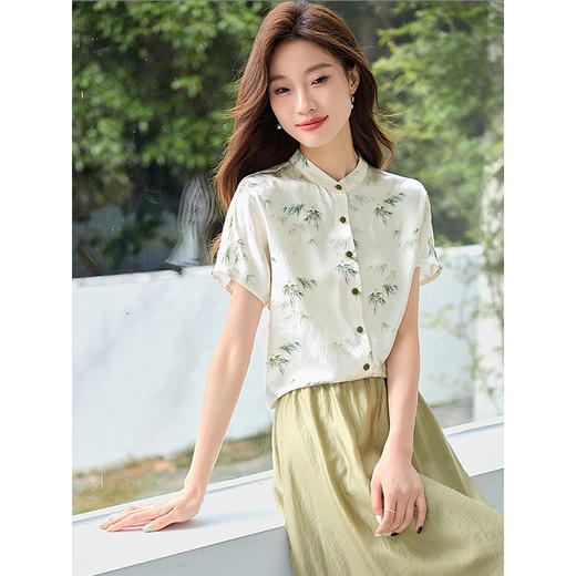 【五折购】熙世界新中式墨竹印花衬衫2025夏季新款连肩蝙蝠袖立领国风衬衣 商品图1