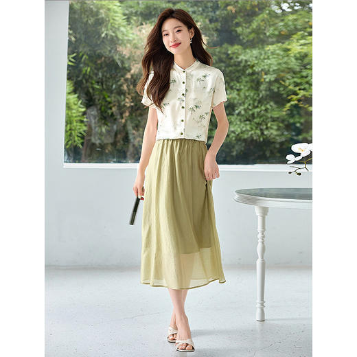 【五折购】熙世界新中式墨竹印花衬衫2025夏季新款连肩蝙蝠袖立领国风衬衣 商品图4