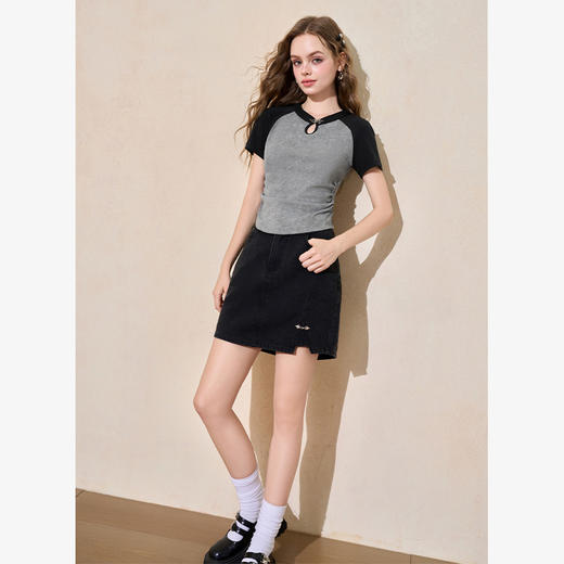 西遇新中式立领插肩袖短袖女新款褶皱抽绳显瘦短款T恤10540180/V0050548 商品图1
