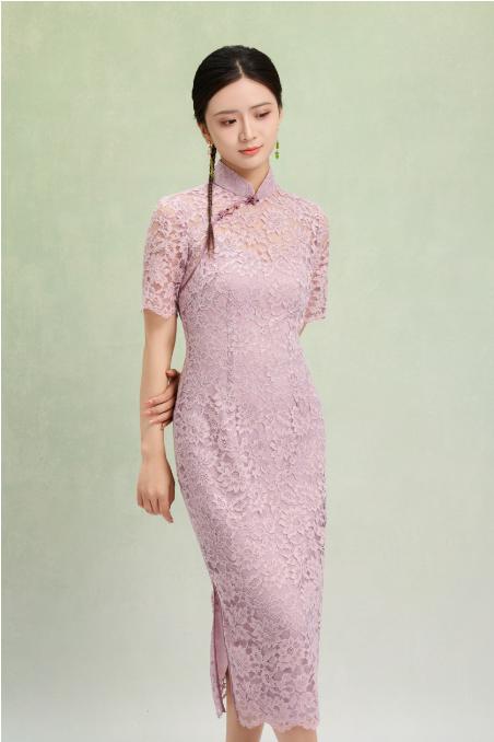 荷言GL 梦流莺 蕾丝手工花扣钉珠假两件旗袍 商品图0