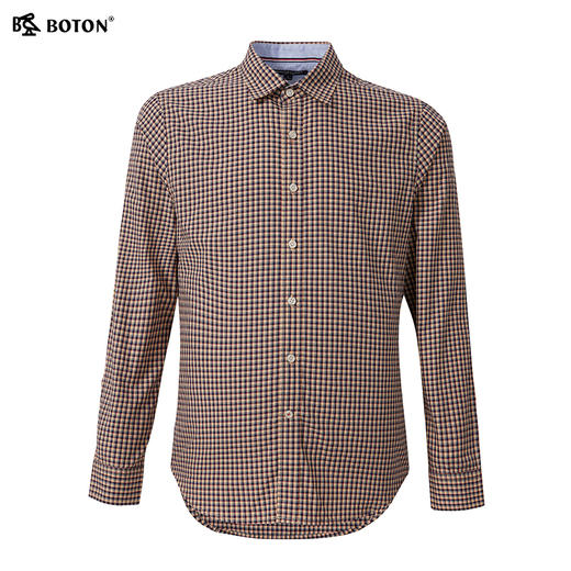 波顿长袖衬衫男潮流杏蓝格子衫春夏季纯棉男士休闲上衣情侣装MS655122 商品图3
