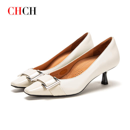 CHCH祈祈羊皮革金属扣细跟尖头高跟女士单鞋CM1B5581 商品图2