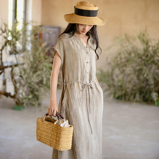 丁摩 新中式女装夏季短袖亚麻连衣裙女收腰显瘦高级感国风裙子4ZF-63002 商品图2