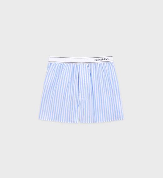 Sporty & Rich - Serif Logo Boxer Shorts White/Sky Blue Large Stripe - 女装 - 短裤 - 蓝白条纹 商品图0