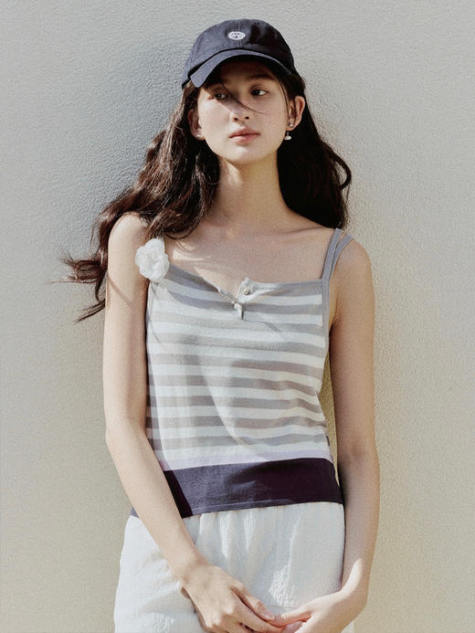 【现货】Even Vintage| 夏日活力 休闲简约条纹拼色慵懒感一字领吊带背心 商品图1