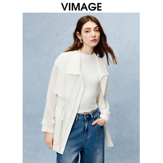 VIMAGE纬漫纪舒适纯棉薄款收腰显瘦翻领白色风衣外套秋季新款V2204801 商品图2