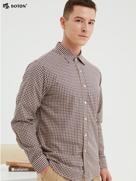 波顿长袖衬衫男潮流杏蓝格子衫春夏季纯棉男士休闲上衣情侣装MS655122 商品图1