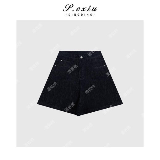 04-3潘依绣丁丁宠粉PanYiXiu/潘依绣极简主义深蓝复古水洗阔腿牛仔短裤 D6573 商品图1