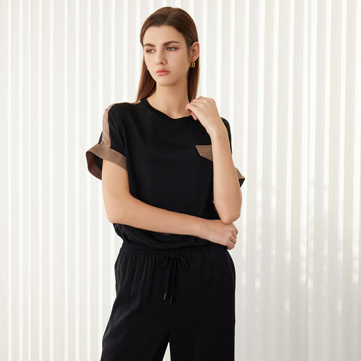 【拼接撞色真丝T恤】24年春夏新品女士圆领套衫时尚拼接撞色真丝上衣 商品图3