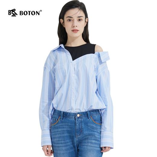 【第2件半价！尾货清仓不退换】波顿春秋条纹斜挂肩假两件衬衫女时尚设计感露肩长袖衬衣LS900121 商品图1