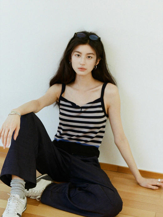 【现货】Even Vintage| 夏日活力 休闲简约条纹拼色慵懒感一字领吊带背心 商品图2