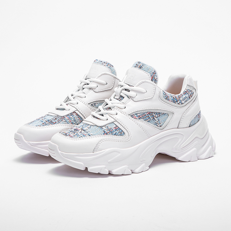 CHCH小香风真皮新款女鞋米蓝色撞色气质老爹鞋女生百搭平衡鞋