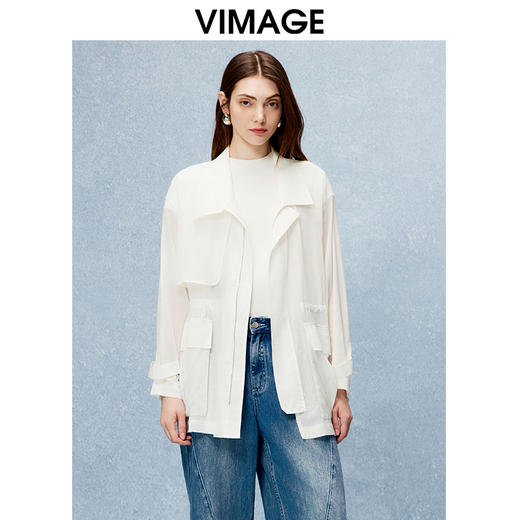 VIMAGE纬漫纪舒适纯棉薄款收腰显瘦翻领白色风衣外套秋季新款V2204801 商品图0