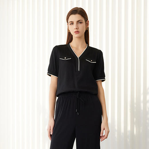 【V领条纹撞色真丝上衣】24年春夏新品女士桑蚕丝上衣时尚暗纹短袖薄款上衣 商品图2