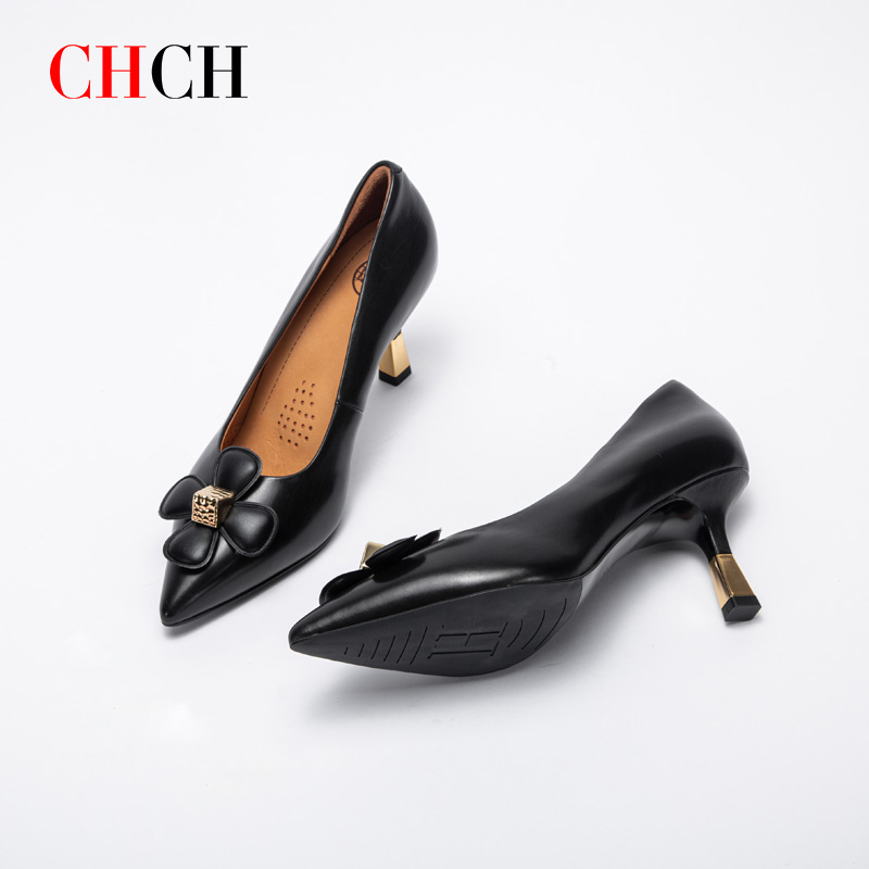 CHCH平衡鞋牛皮细高跟百搭花朵装饰高跟6cm鞋CN1B5431【断码】