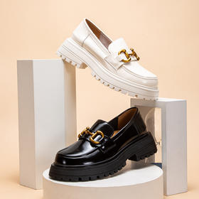 40码乐福鞋#CHCH平衡鞋橡胶底新款春夏牛皮女式增高百搭乐福鞋女鞋米白色【没运费险】