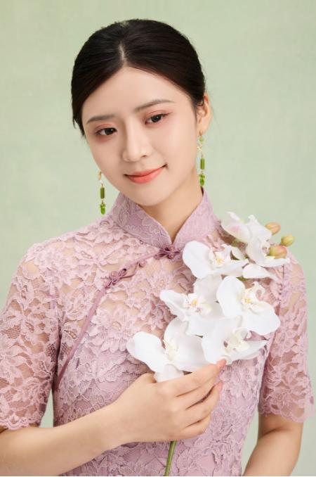 荷言GL 梦流莺 蕾丝手工花扣钉珠假两件旗袍 商品图4