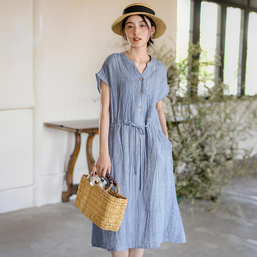 丁摩 新中式女装夏季短袖亚麻连衣裙女收腰显瘦高级感国风裙子4ZF-63002 商品图0