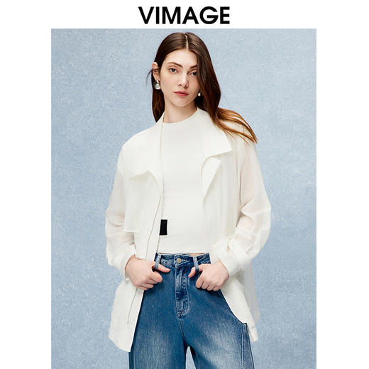 VIMAGE纬漫纪舒适纯棉薄款收腰显瘦翻领白色风衣外套秋季新款V2204801 商品图5