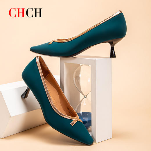 CHCH祈祈拼色设计感气质时尚反皮牛皮面料细跟尖头女士单鞋CM1B5691 商品图2