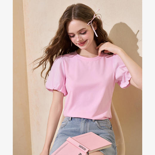 基础简约设计感拼接泡泡飞袖T恤女夏季圆领透气T恤V1541139 商品图2