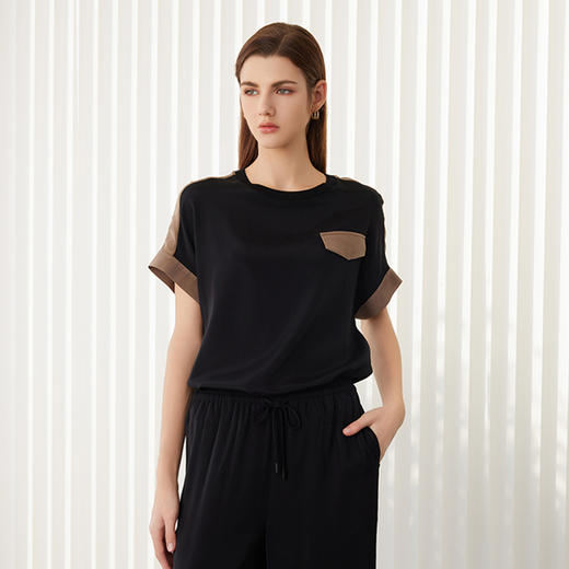 【拼接撞色真丝T恤】24年春夏新品女士圆领套衫时尚拼接撞色真丝上衣 商品图2