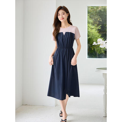 【专属特价】熙世界设计感气质收腰撞色短袖拼接假两件连衣裙子2025夏装新款 商品图1