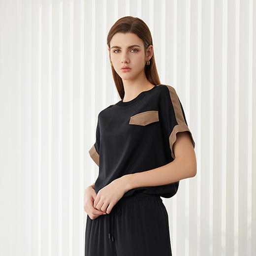 【拼接撞色真丝T恤】24年春夏新品女士圆领套衫时尚拼接撞色真丝上衣 商品图1