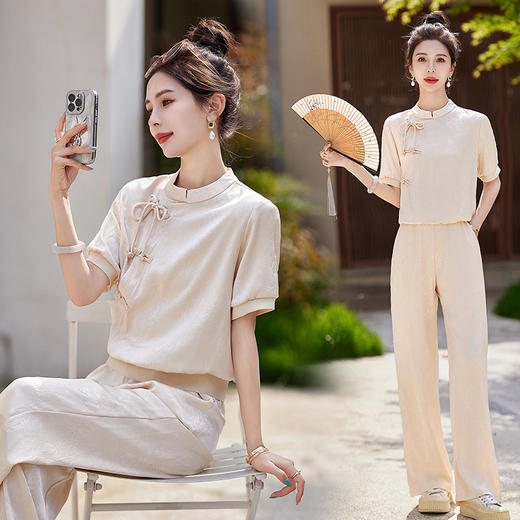 新中式阔腿裤套装夏季2024年新款高级感显瘦流行休闲盘扣两件套YLFS8897 商品图3