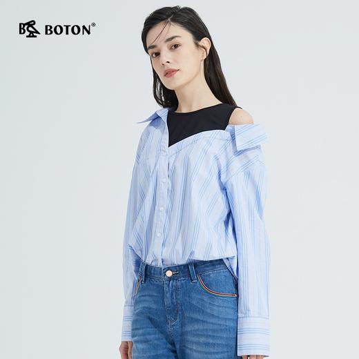 【第2件半价！尾货清仓不退换】波顿春秋条纹斜挂肩假两件衬衫女时尚设计感露肩长袖衬衣LS900121 商品图3