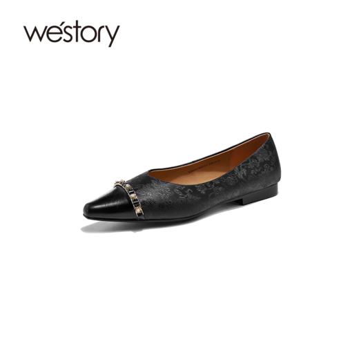 westory春夏新款法式尖头通勤单鞋气质粗跟黑色平底鞋女S24CE74351 商品图2