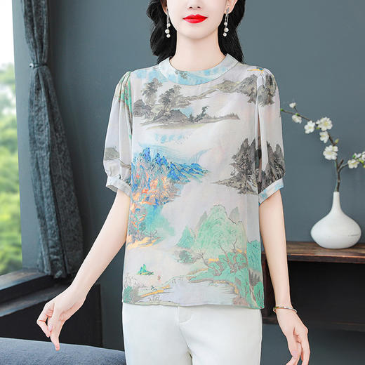 SMZ18516国风印花小衫女士夏季2024新款中老年妈妈宽松遮肚子套头休闲上衣 商品图3