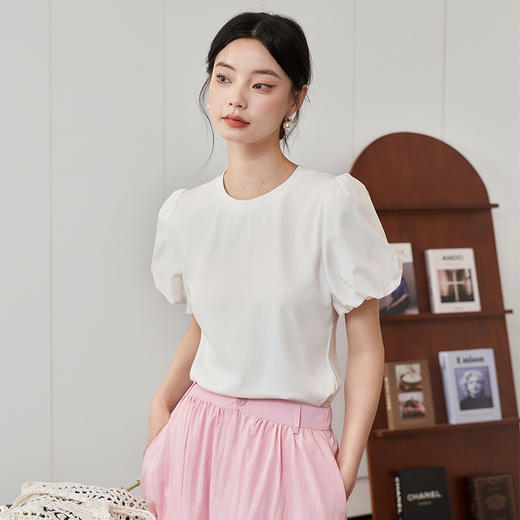 基础简约设计感拼接泡泡飞袖T恤女夏季圆领透气T恤V1541139 商品图3