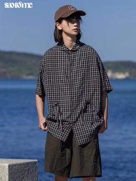 早乙女惠子saotome/STMCS242080/提花格纹青果领抽褶短袖衬衫