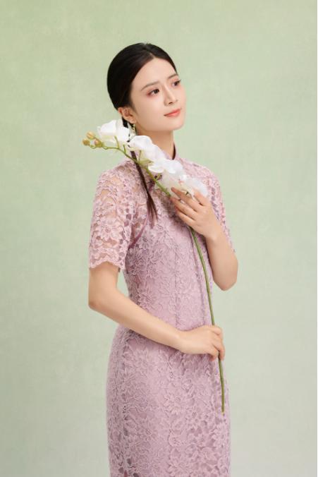 荷言GL 梦流莺 蕾丝手工花扣钉珠假两件旗袍 商品图1