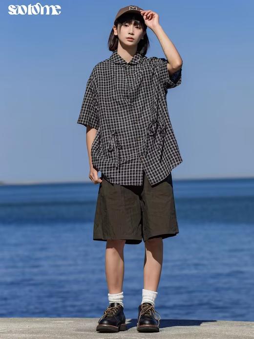 早乙女惠子saotome/STMCS242080/提花格纹青果领抽褶短袖衬衫 商品图1