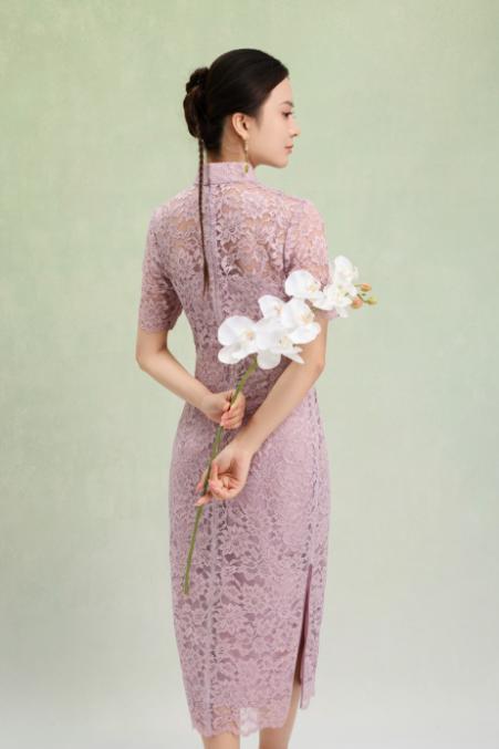 荷言GL 梦流莺 蕾丝手工花扣钉珠假两件旗袍 商品图2