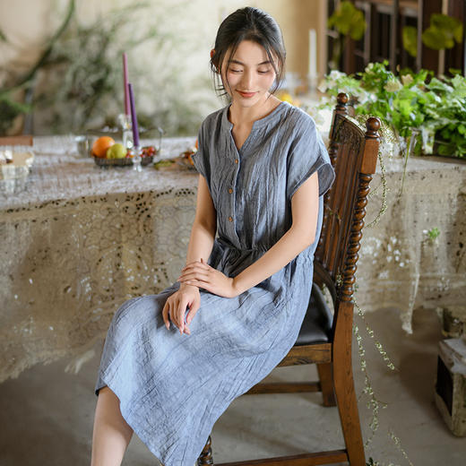 丁摩 新中式女装夏季短袖亚麻连衣裙女收腰显瘦高级感国风裙子4ZF-63002 商品图3